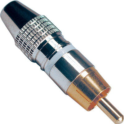 5-3070 CONECTOR RCA MACHO DORADO CAPUCH&Oacute;N GRIS NIQUELADO FRANJA BLANCA &Oslash;:6MM