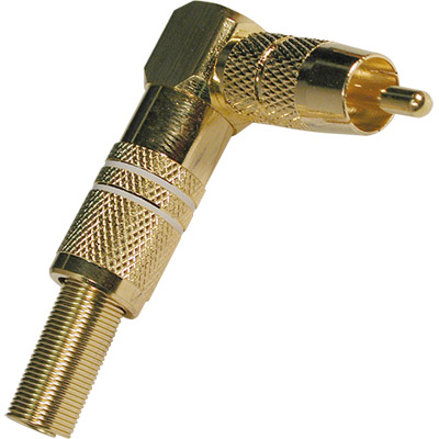 5-3056 CONECTOR RCA MACHO METALICO DORADO ACODADO FRANJAS BLANCAS 8MM